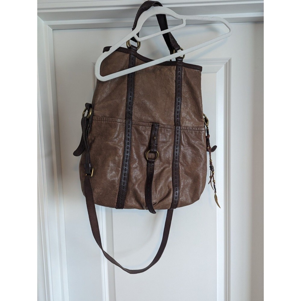 Lucky Brand Distressed Brown Leather Hobo Foldover Shoulder Bag Boho Bohemian